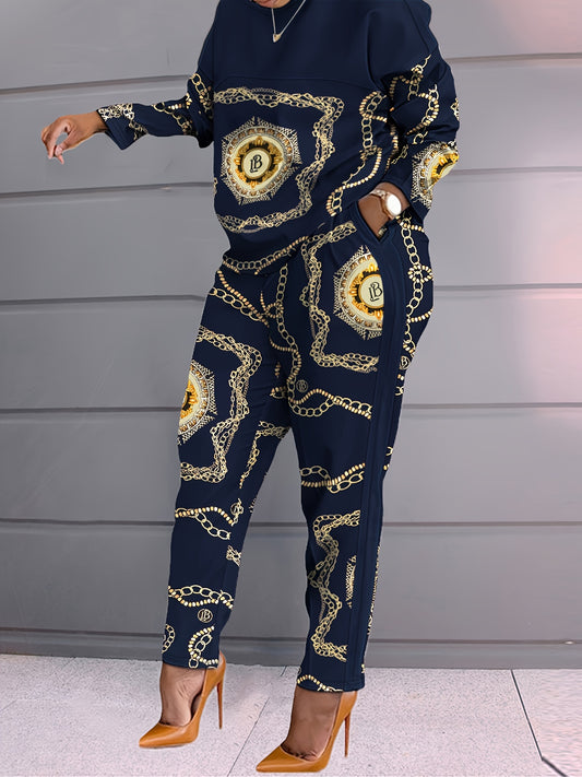  Geometric Print 2pcs Set, Long Sleeve Tops & Pants