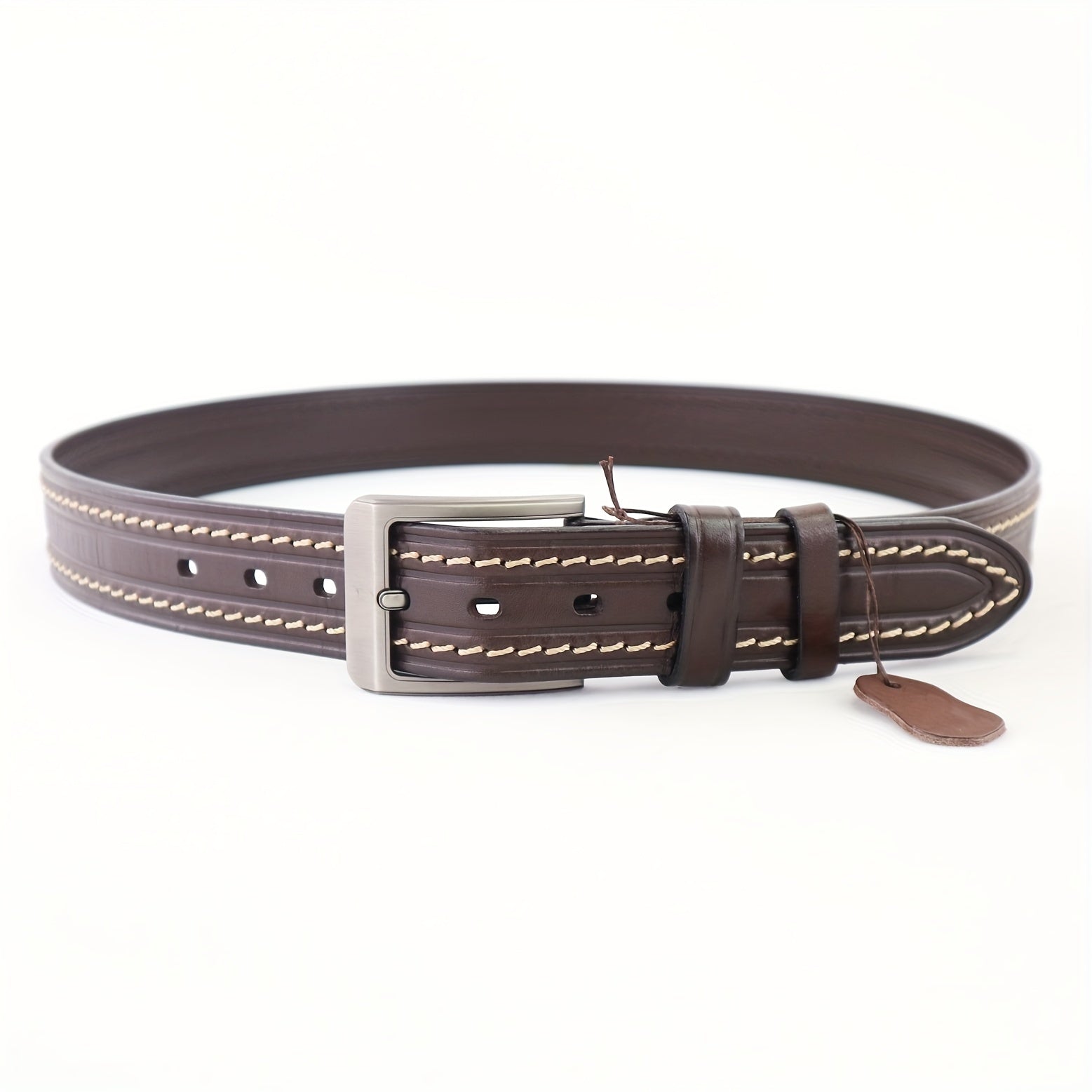 Hand Sewn Embossed Cowhide Gun Square Buckle Casual Deep Coffee Belt