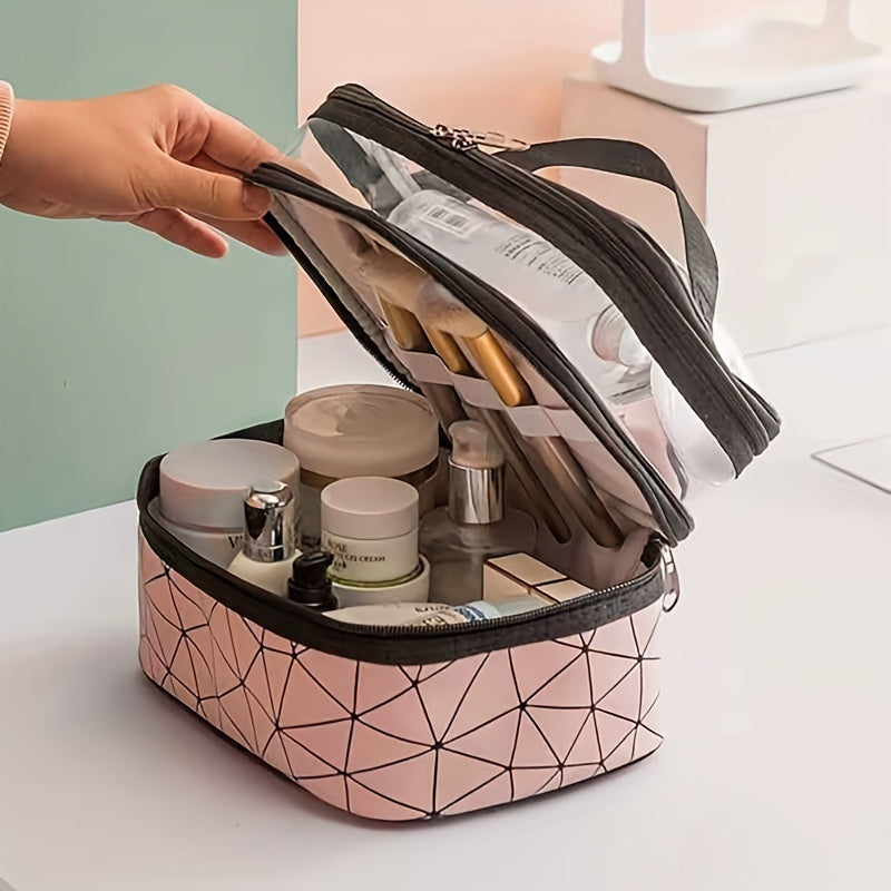 Double Layer Clear Geometric Stripes Handheld Cosmetic Bag