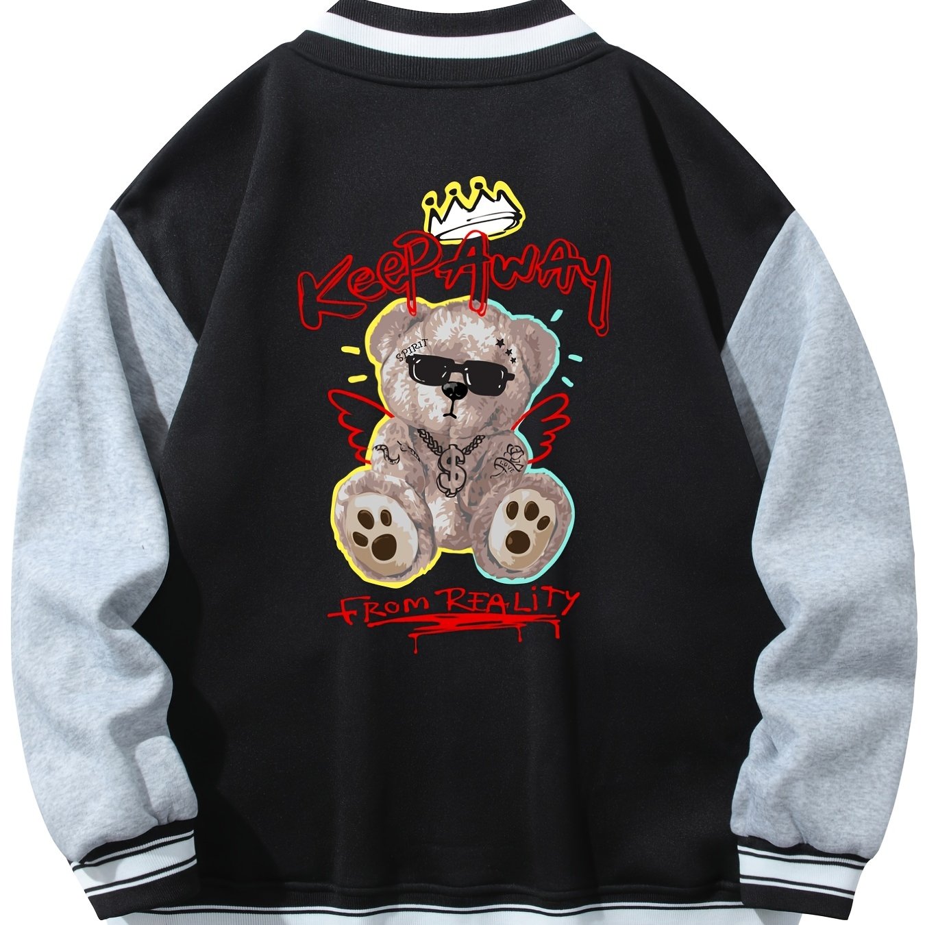 Men's Long Sleeves Pocket Baseball Collar Muppet Bear Print Jacket