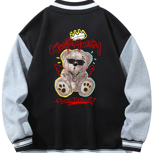 Men's Long Sleeves Pocket Baseball Collar Muppet Bear Print Jacket
