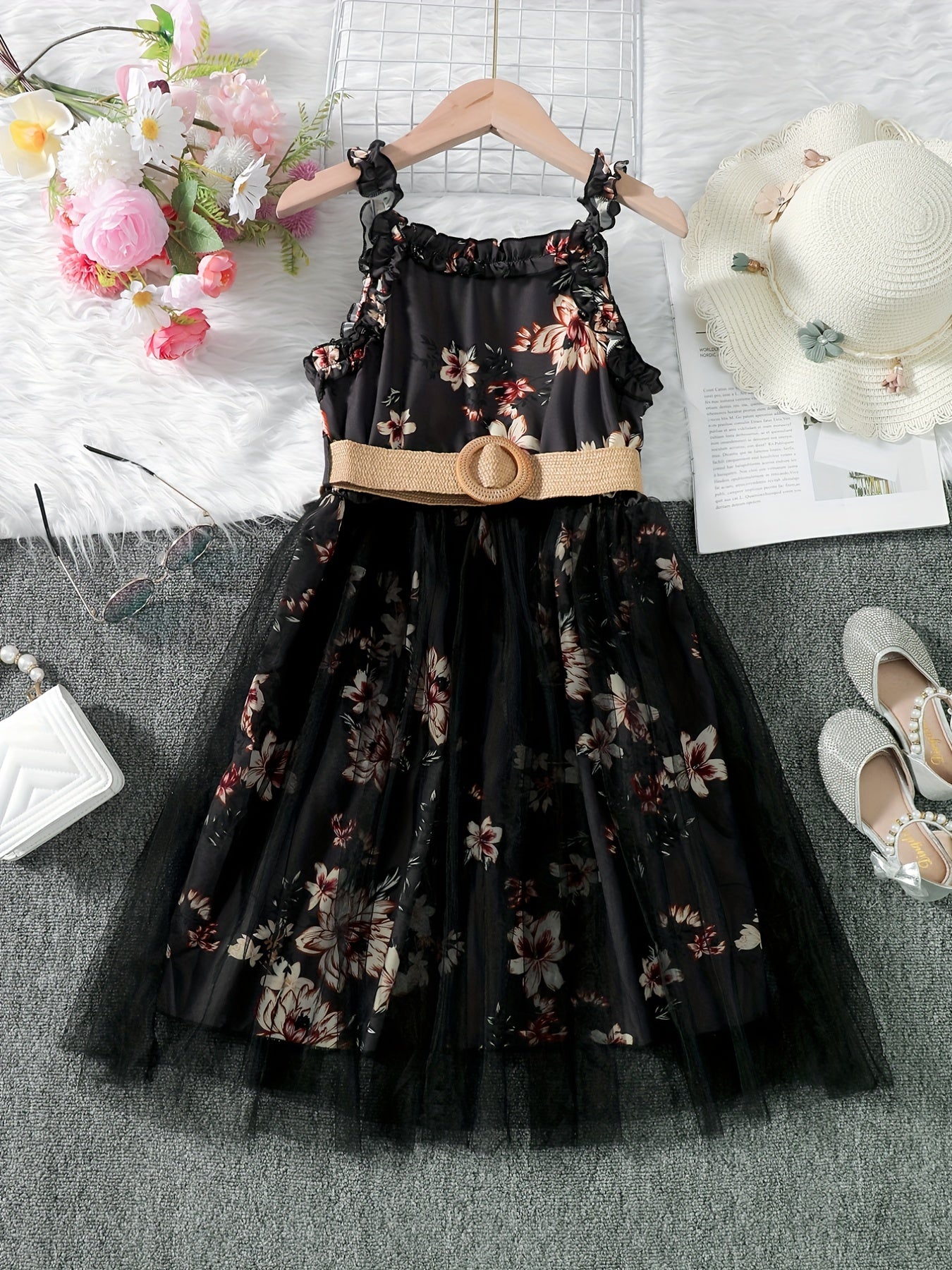 Girls Floral Print Mesh Tulle Cami Dress with Belt