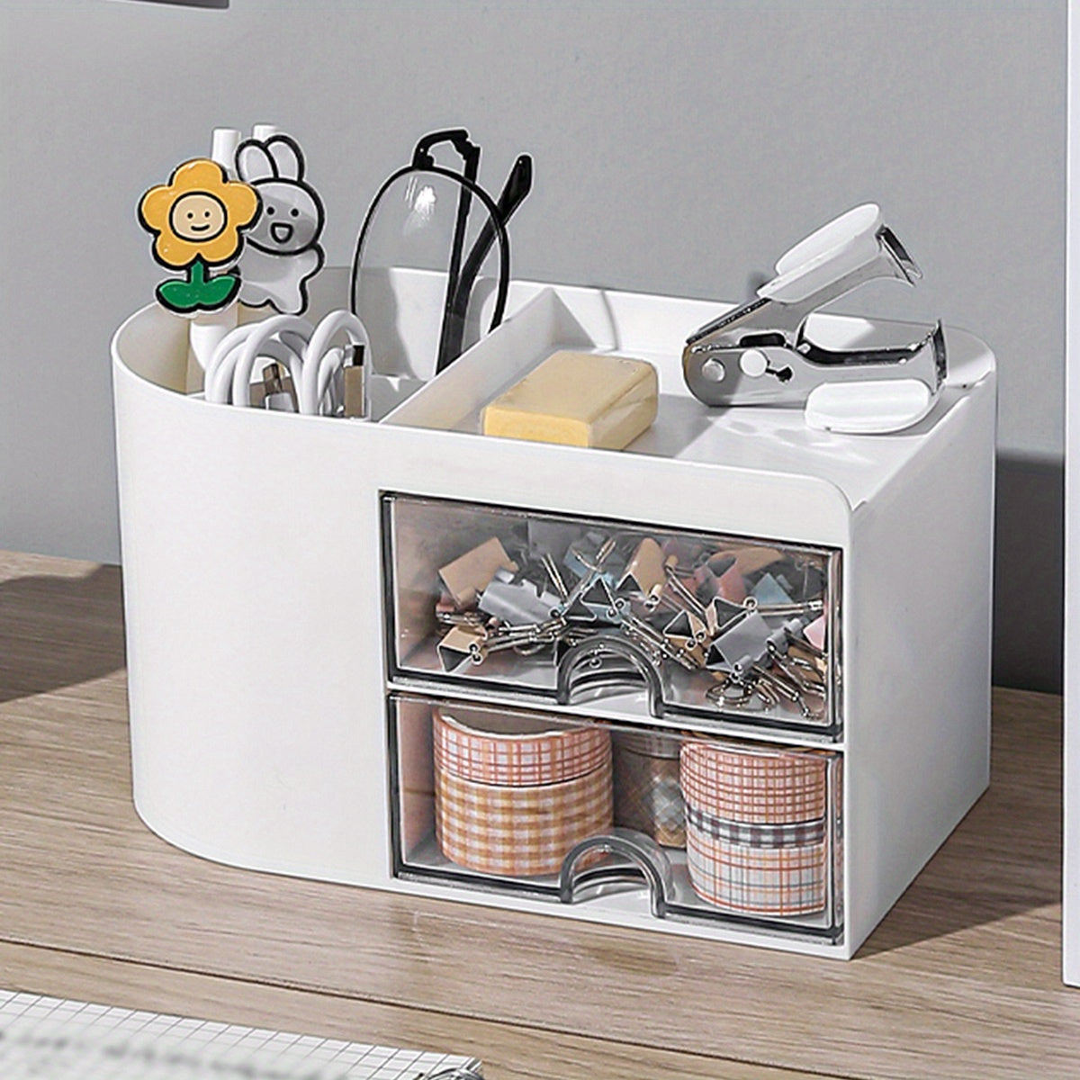 Desktop Pen Holder Storage Box with Small Drawer