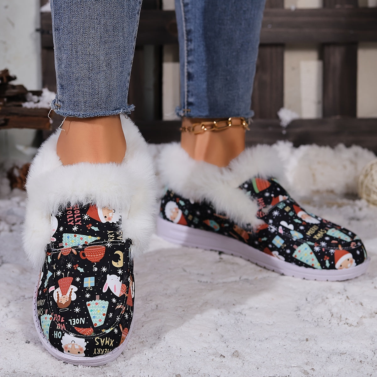 Women's Faux Fur Lined Winter Boat Shoes Christmas Pattern