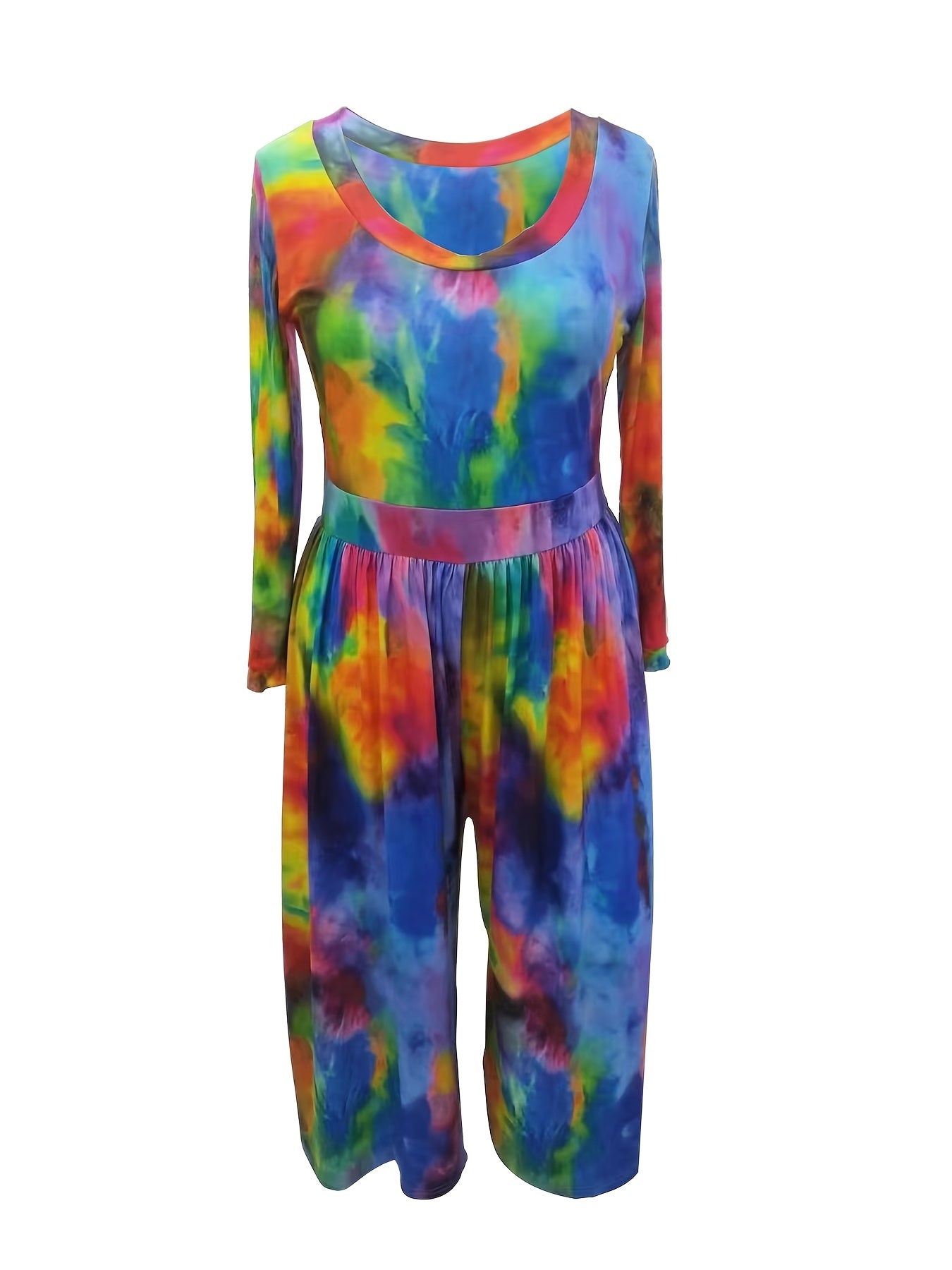  Tie Dye Long Sleeve Round Neck Stretch Jumpsuit