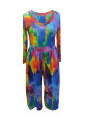  Tie Dye Long Sleeve Round Neck Stretch Jumpsuit