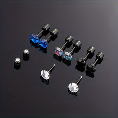 5Pairs Colorful CZ Screw Back Earrings Double Sided Rhinestone Stud Couple Earri