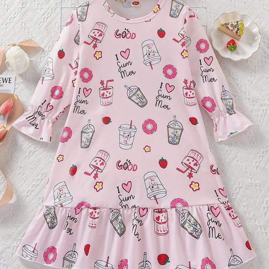 Girl's Long Sleeve Nightgown Cartoon Drinks Print PJ Comfy Soft Nightdress
