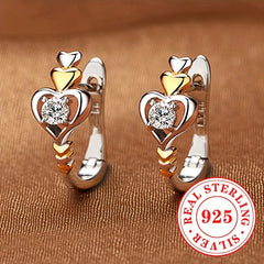 925 Silver Hoop Earrings Double Heart CZ Vacation Style April Birthstone