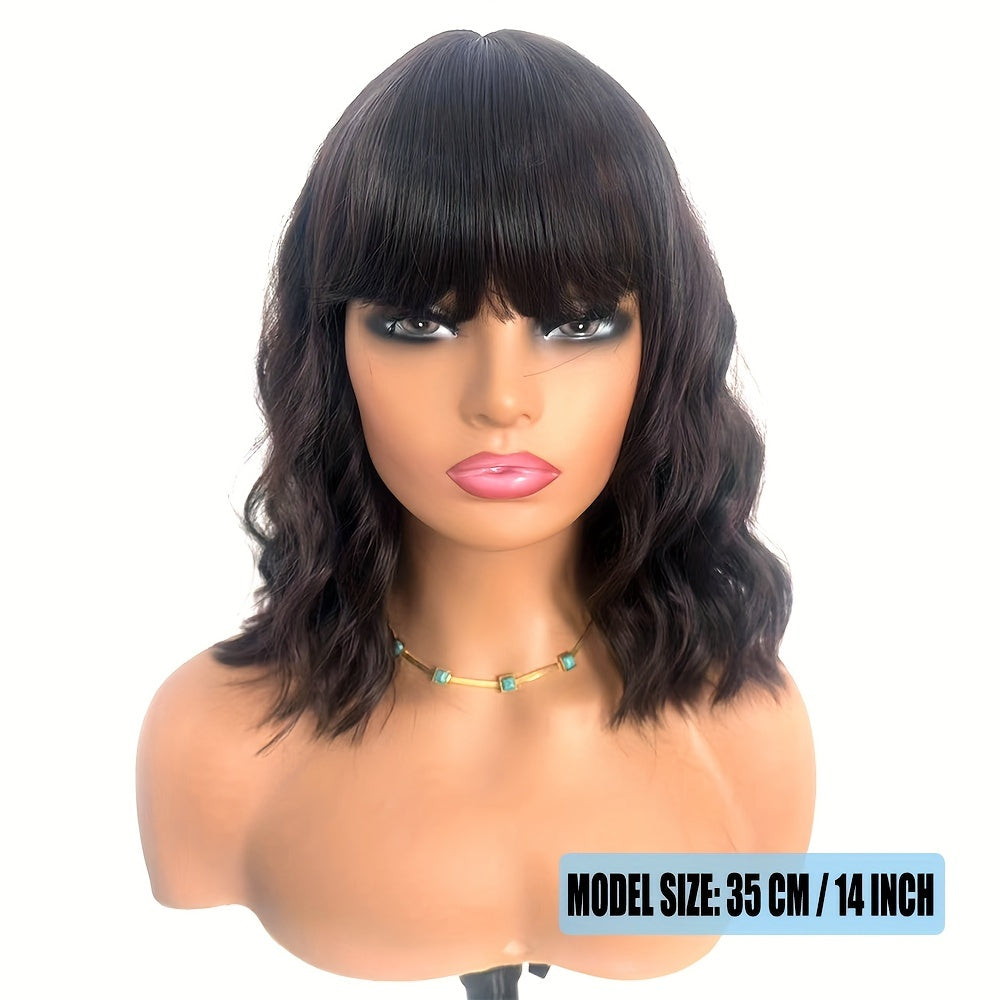 35 56 Cm Pink Body Wave Hair Wigs With Bangs Shoulder Length Short Bob Wavy Wigs