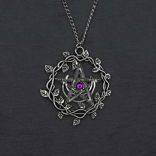Vintage Pentagram Leaf Purple Gemstone Pendant Necklace