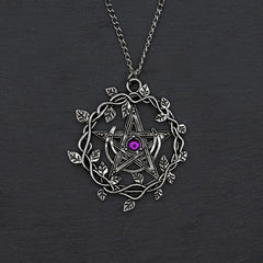 Vintage Pentagram Leaf Purple Gemstone Pendant Necklace