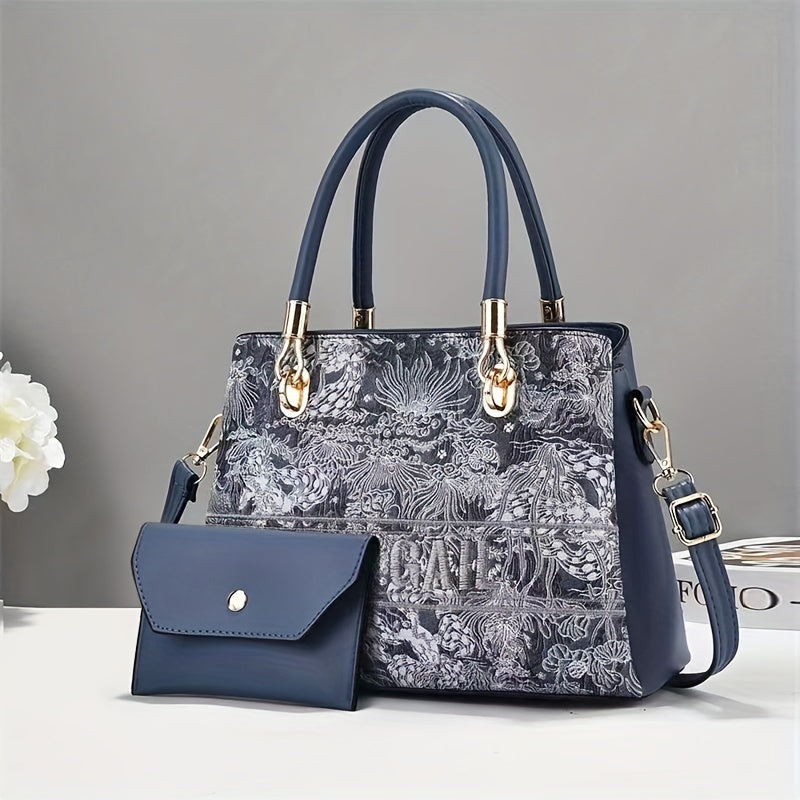 2pcs Flower Embroidery Handbag Set with Clutch Purse Women's Crossbody Bag