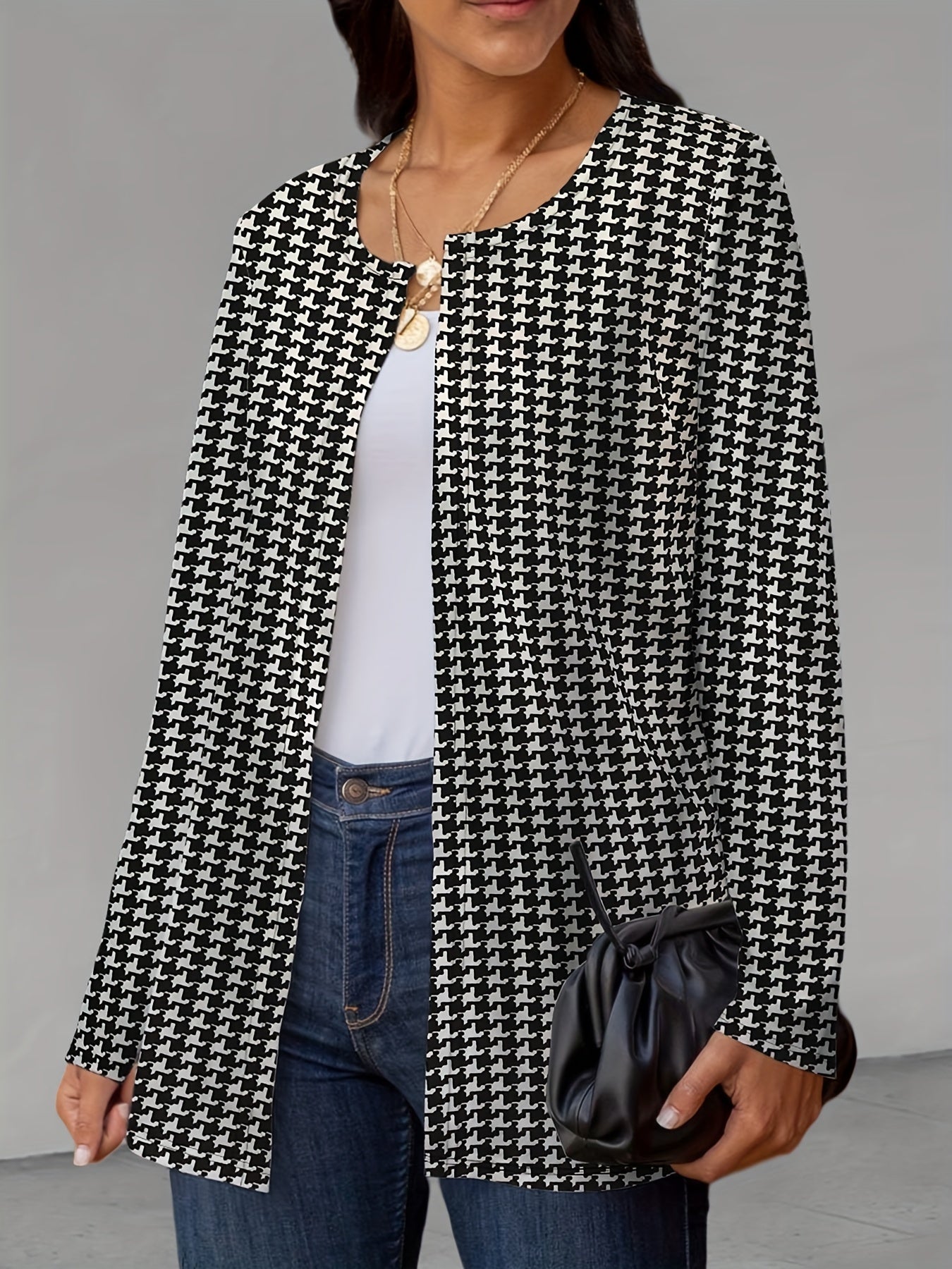 Houndstooth Print Open Front Jacket Long Sleeve Outerwear