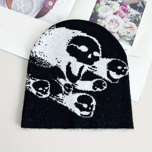 Skull Impact Jacquard Beanie Lightweight Elastic Soft Breathable Knit Hat