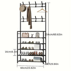 Shoe Storage Rack With Clothes Shelf and Hooks