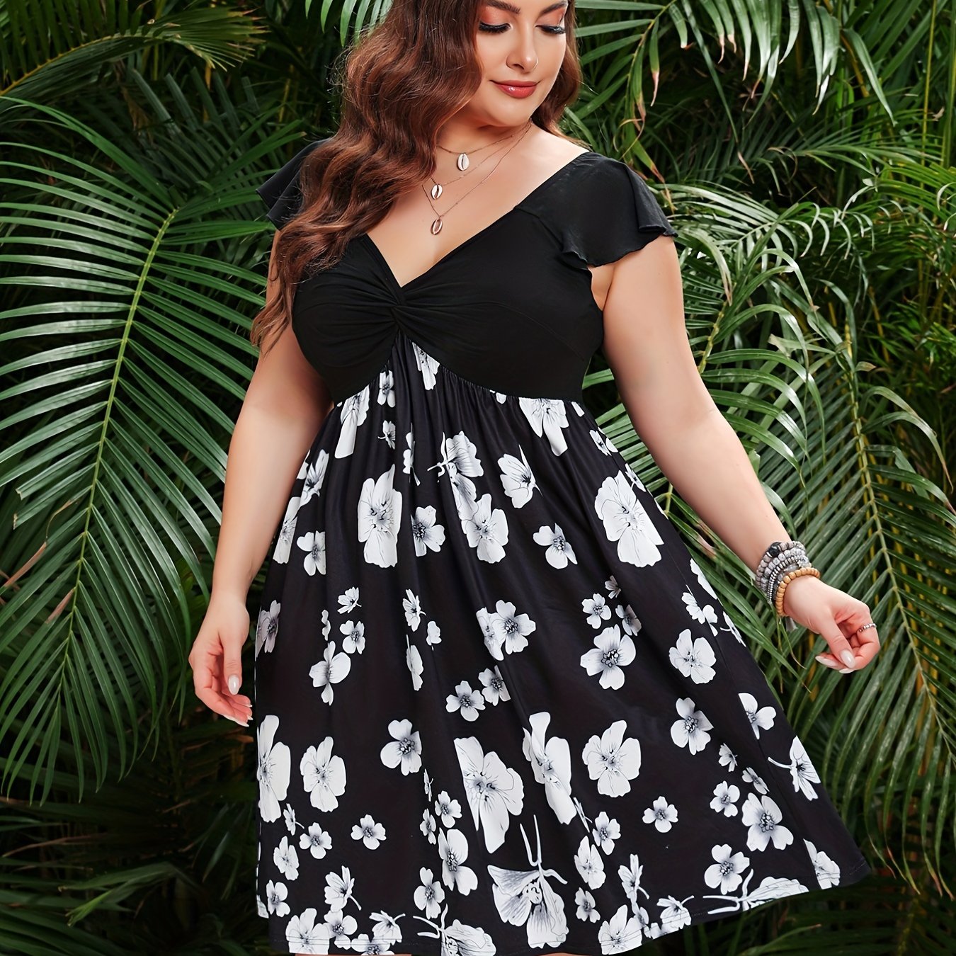  Colorblock Floral Print Cap Sleeve Dress