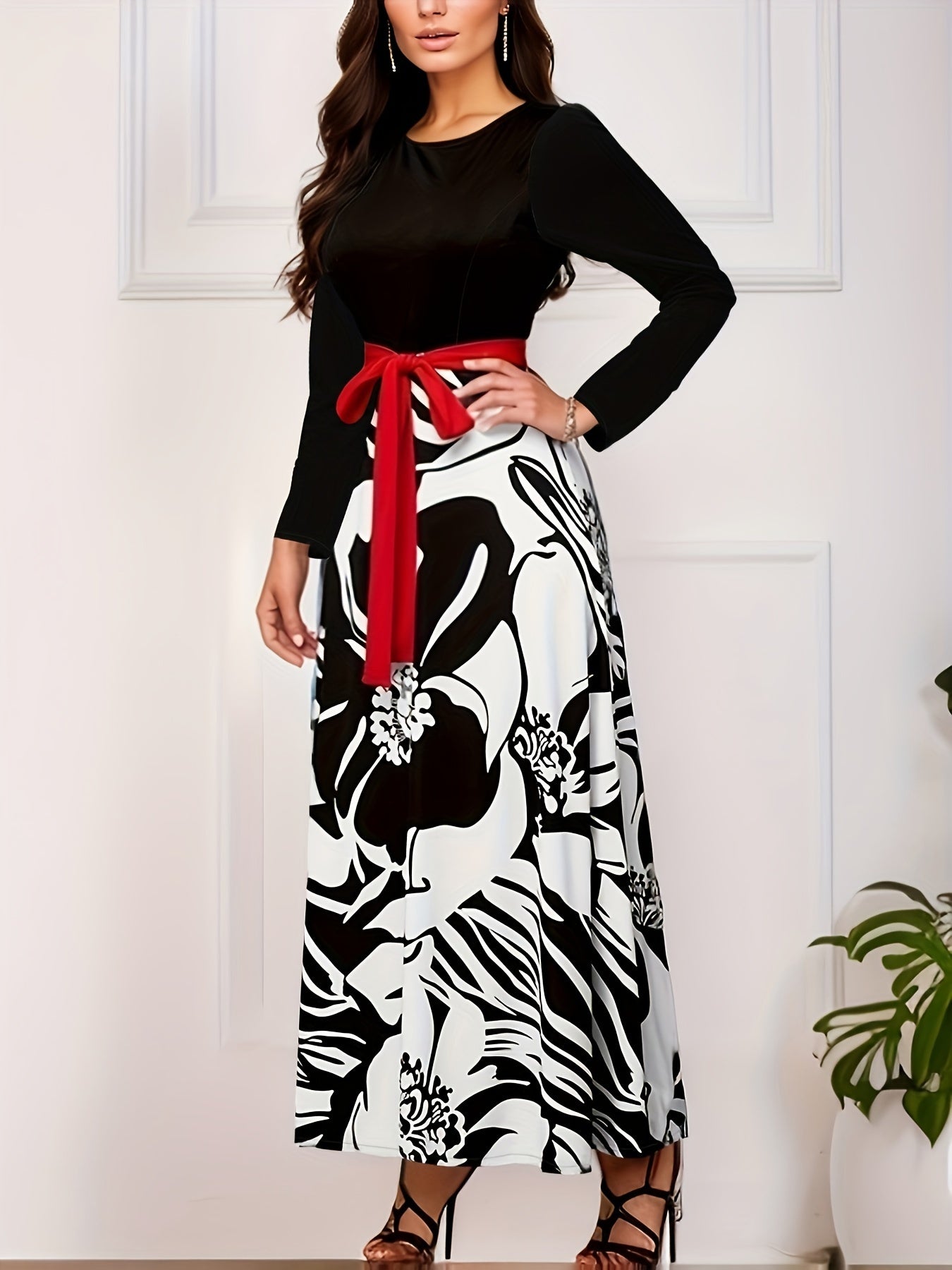  Colorblock Floral Print Long Sleeve Maxi Dress