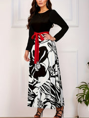  Colorblock Floral Print Long Sleeve Maxi Dress