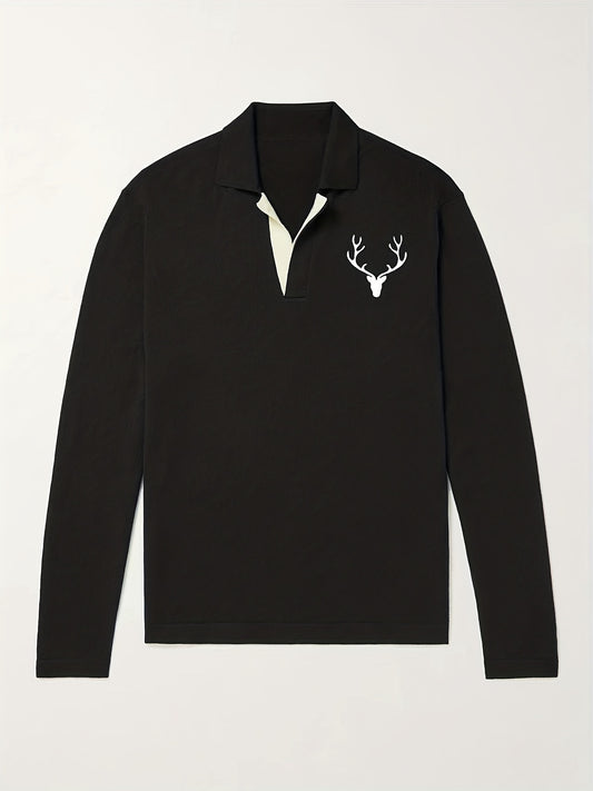 Deer Pattern Knit Polo Shirt Men's Casual Stretch V Neck Sweater