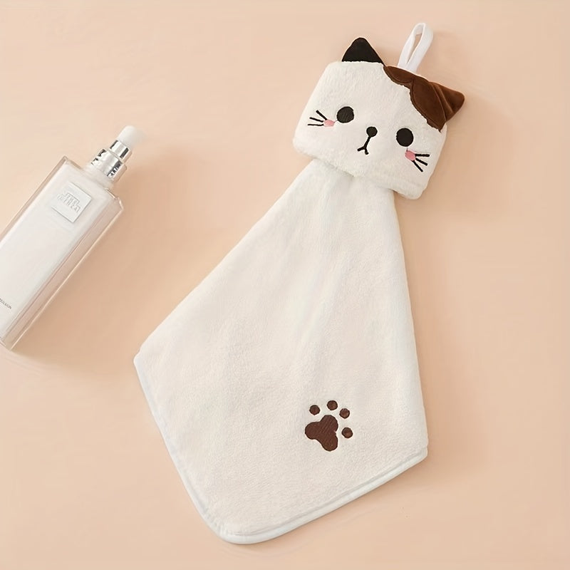 Cartoon Cat Hand Towel Soft Coral Fleece Pocket Towel for Bathroom and Kitchen