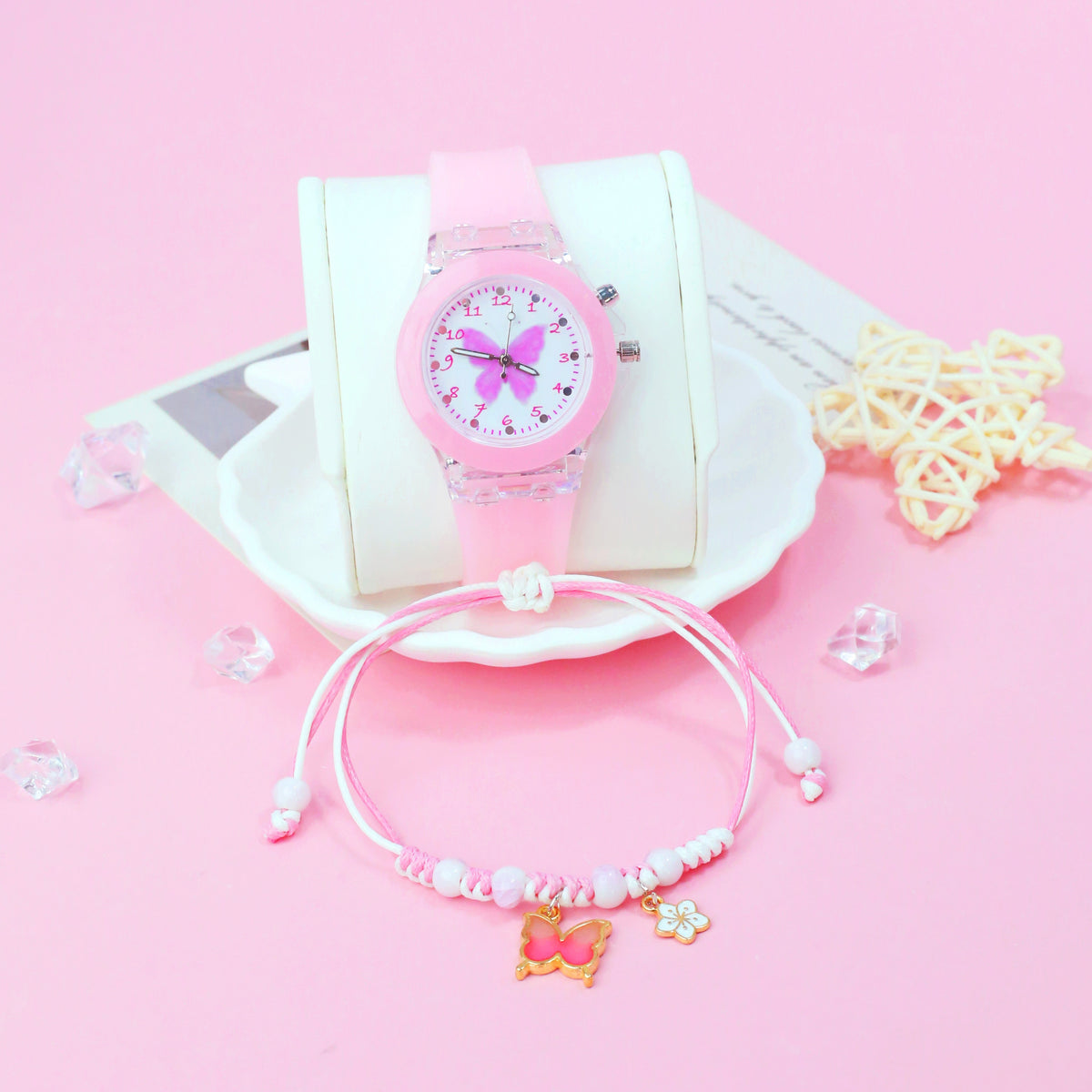 Girls' Sweet Style Glow in Dark Butterfly Watch Set