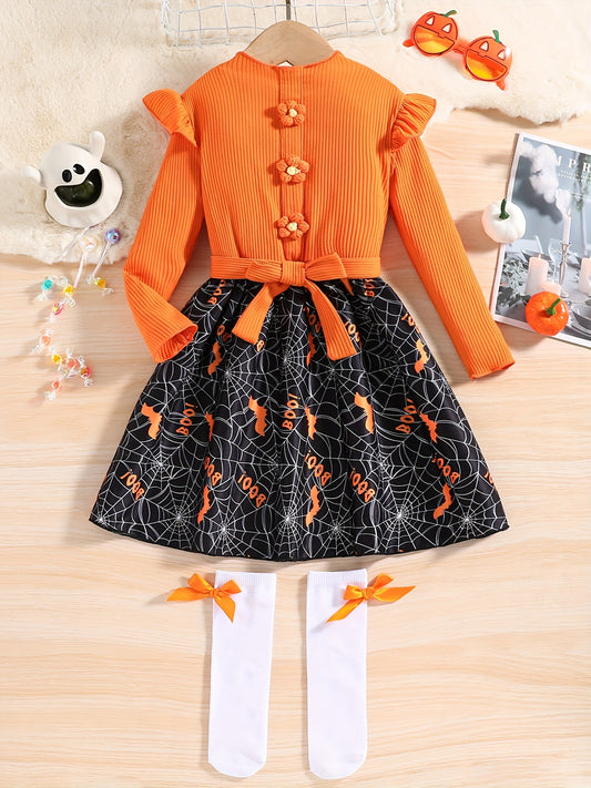 Girls' Halloween Pumpkin Print Princess Dress