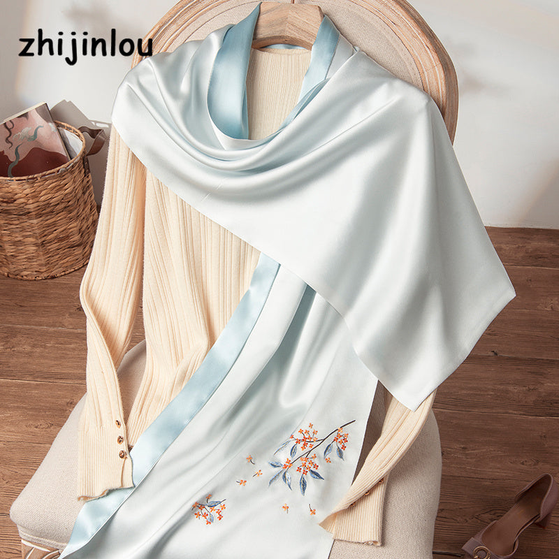 Suzhou Classical Floral Embroidery Solid Silk Scarf Wrap