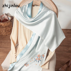 Suzhou Classical Floral Embroidery Solid Silk Scarf Wrap