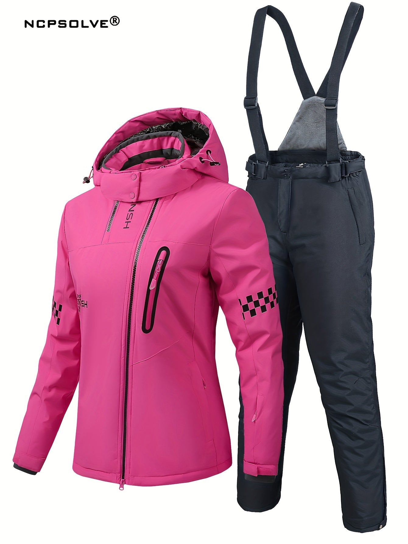 Checkerboard & Letter Print Ski Set Hooded Jacket & S