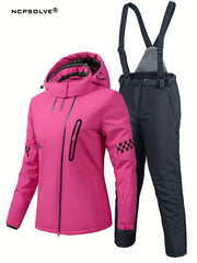 Checkerboard & Letter Print Ski Set Hooded Jacket & S