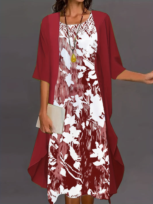 Plus Solid 3/4 Sleeve Cardigan & Floral Print Dress Outfit Set