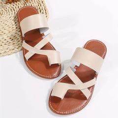 Women's Toe Loop Flat Slides Faux Leather Shoes Casual Summer Beach Slides