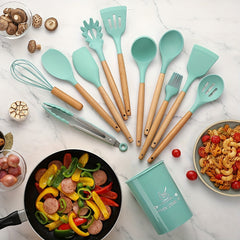 12pcs Silicone Cooking Utensils Set with Wooden Handle