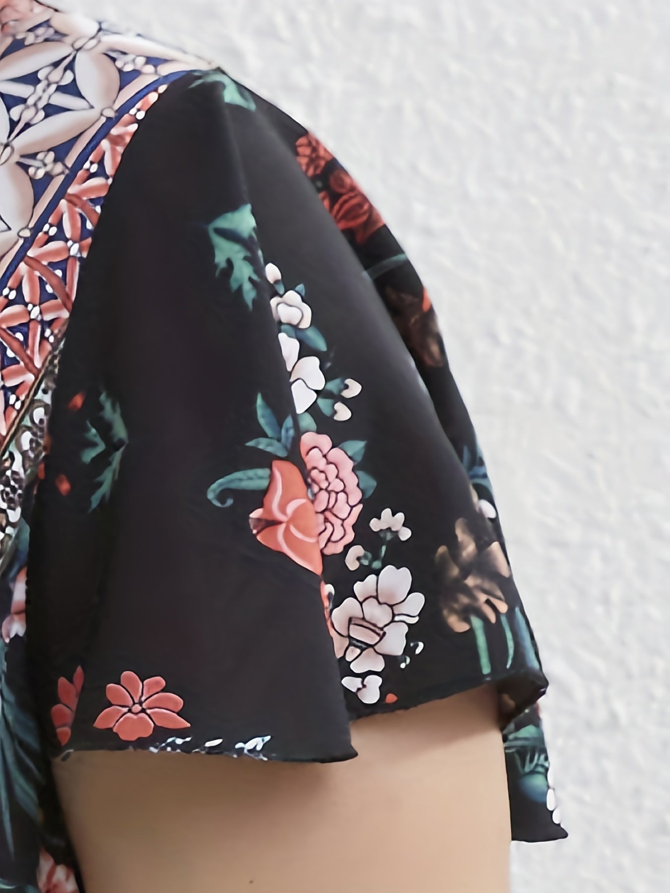  Colorblock Floral Geometric Print Cap Sleeve Midi Dress