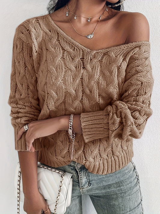  Casual Sweater Solid Cable Knit Long Sleeve V Neck Loose