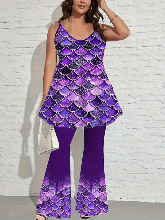  Fish Scales Print Cami Top & Flared Leg Pants Set