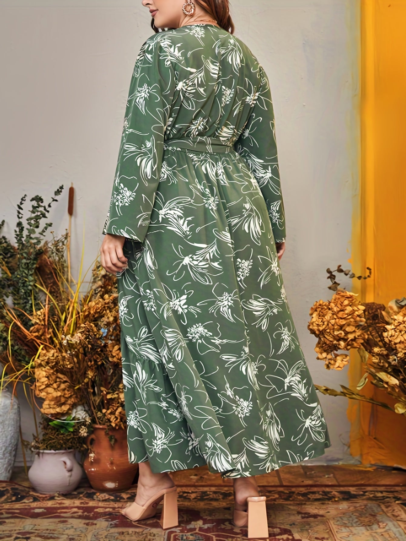 Floral Print Long Sleeve Maxi Dress With Belt