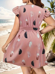  Boho Feather Print Dress with Belt