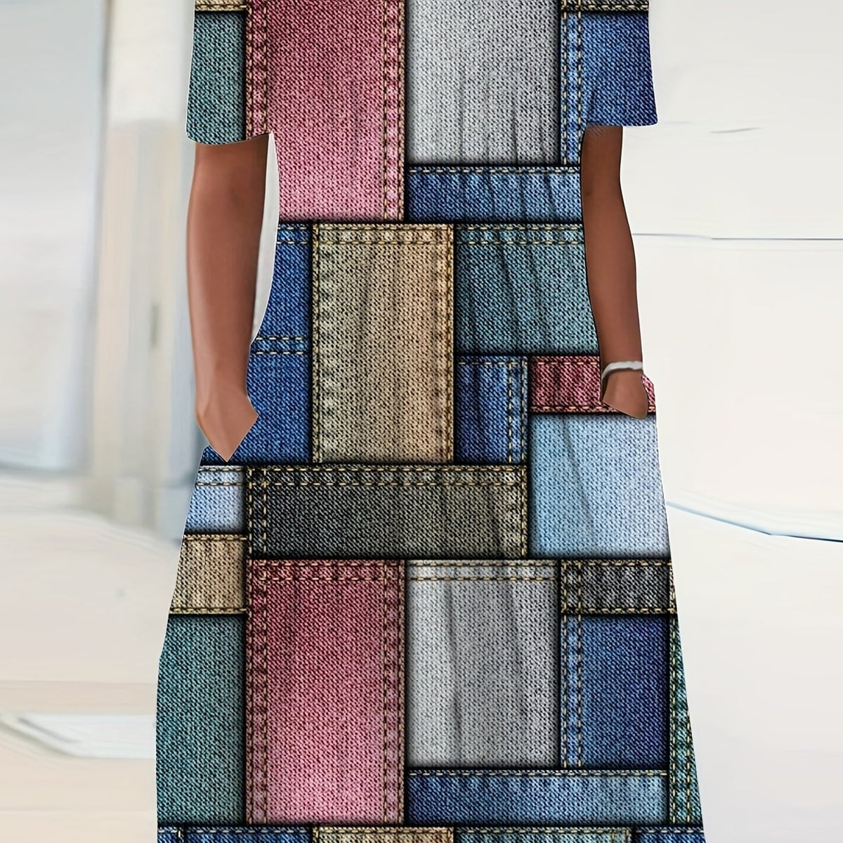  Colorblock Short Sleeve Dress with Pockets