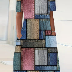 Colorblock Short Sleeve Dress with Pockets