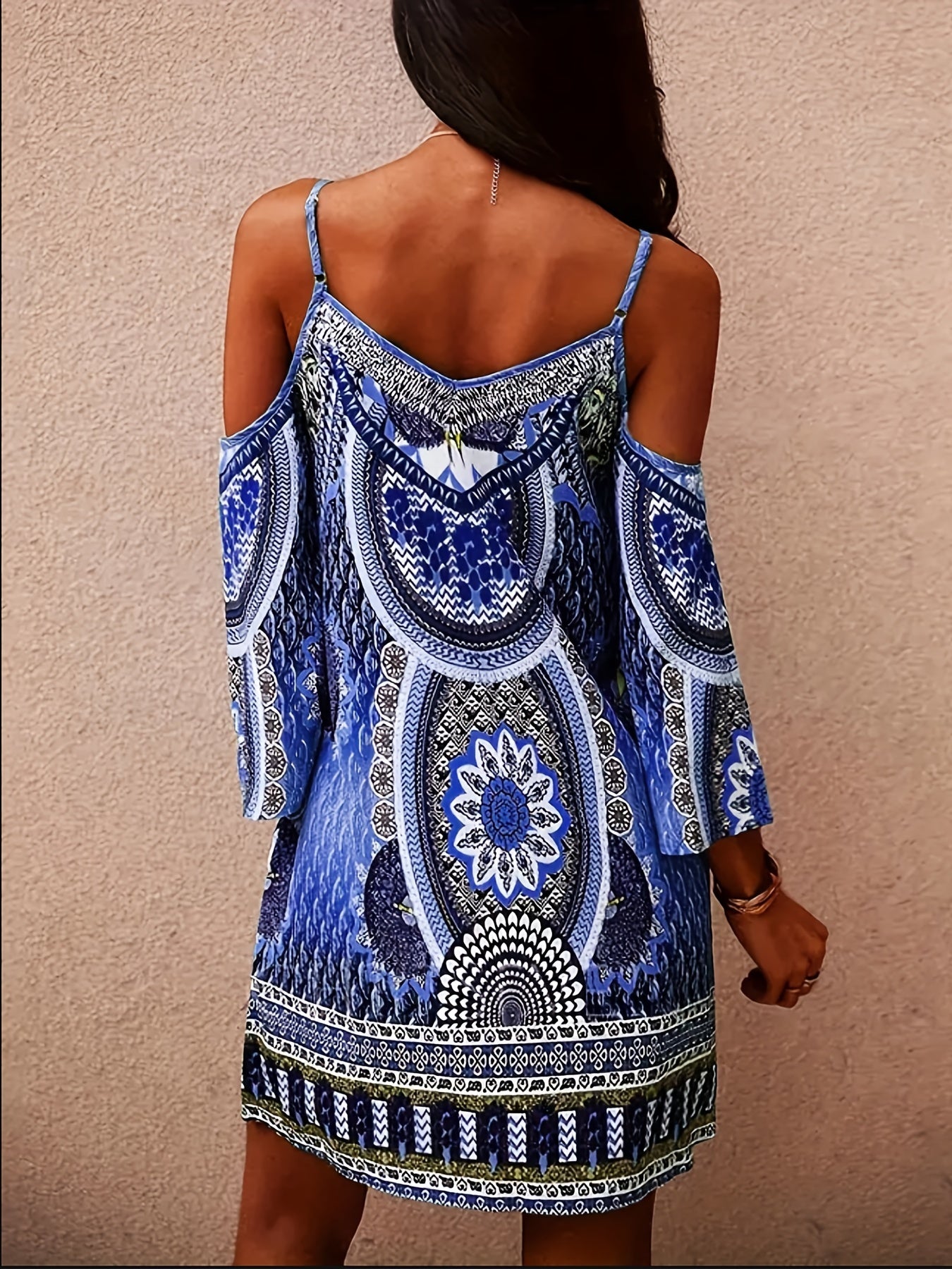 Ethnic Floral Cold Shoulder Dress Boho Summer Mini Cami Dress