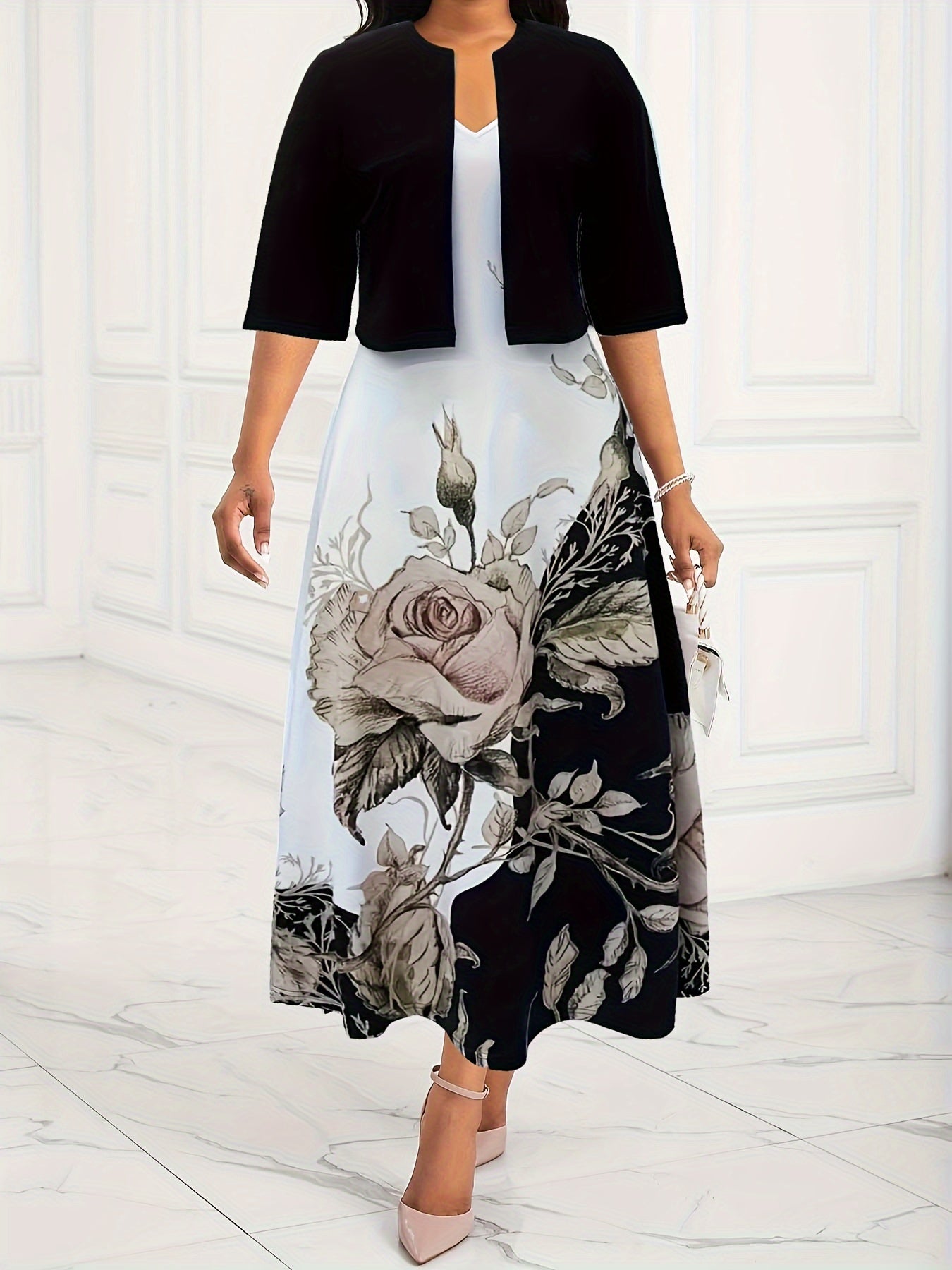  Solid Crop Cardigan & Floral Print V Neck Tank Dress Set