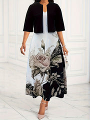  Solid Crop Cardigan & Floral Print V Neck Tank Dress Set