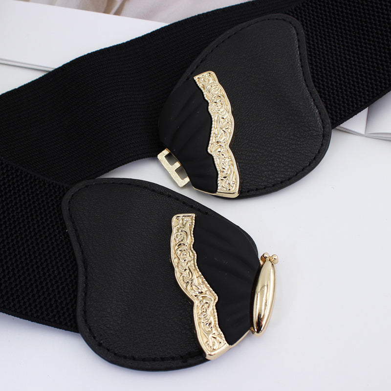 Metal Decoration Wide Belt Waist Elastic Belt With Skirt