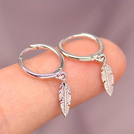 Silver Plated Feather Hoop Earrings for Women
