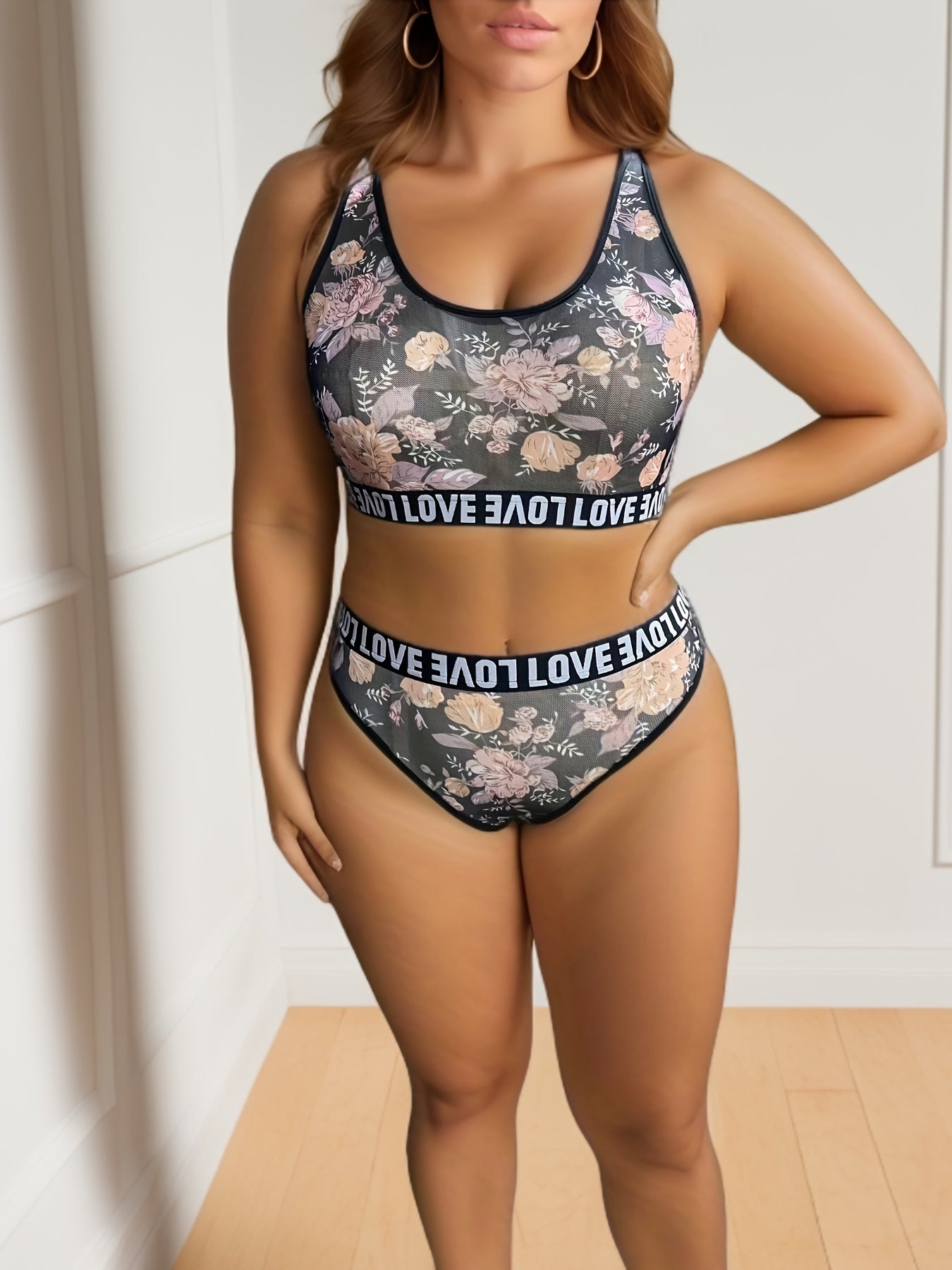  Floral Print Letter Tape Bra & Panty Set