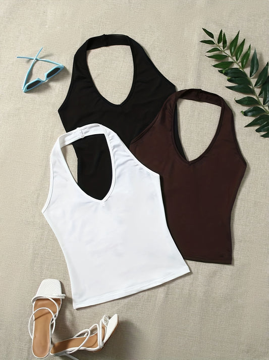Solid Halter Top 3 Pack Sexy Sleeveless Summer Top