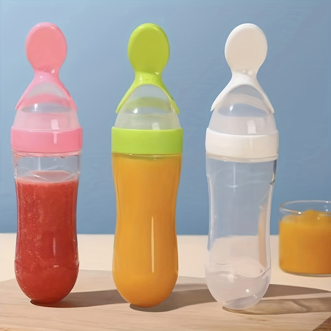 1pc Baby Food Feeder 90ml 3oz Silicone Feeding Bottle With Spoon And Stand