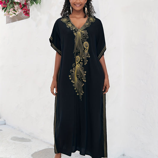  Boho Abaya Dress Women's Plus Golden Embroidered Bat Sleeve V Neck Max